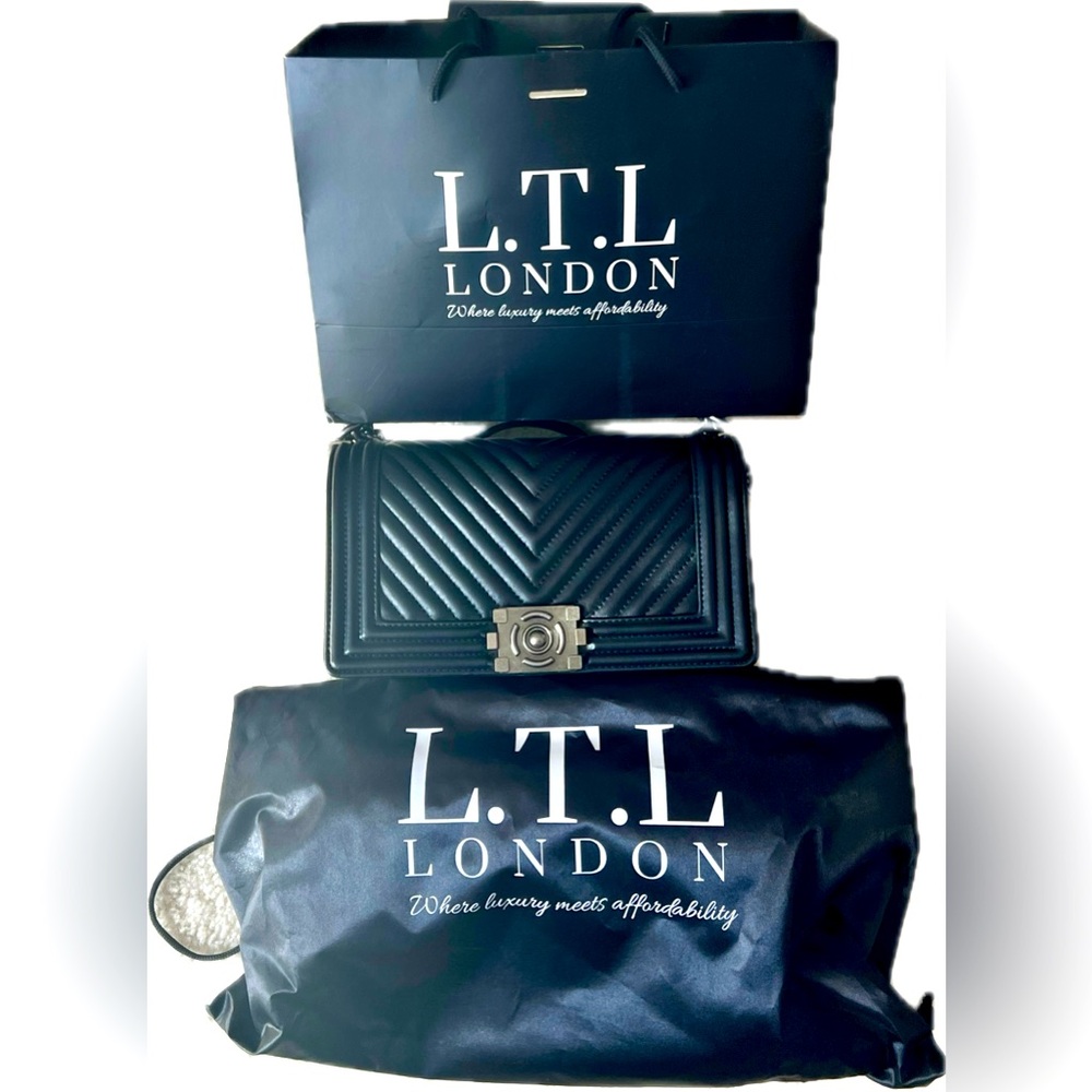LTL London Black Leather Medium Flap Chain Bag
